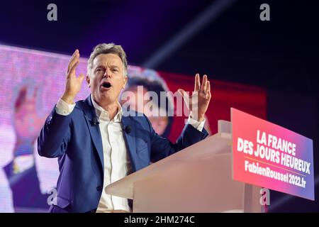 Marseille, France. 06th Feb, 2022. Fabien Roussel, communist candidate for the French presidential election, delivers a speech during his first campaign rally. (Photo by Denis Thaust/SOPA Images/Sipa USA) Credit: Sipa USA/Alamy Live News Stock Photo