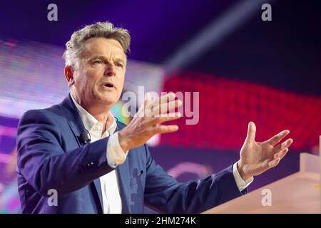 Marseille, France. 06th Feb, 2022. Fabien Roussel, communist candidate for the French presidential election, delivers a speech during his first campaign rally. (Photo by Denis Thaust/SOPA Images/Sipa USA) Credit: Sipa USA/Alamy Live News Stock Photo
