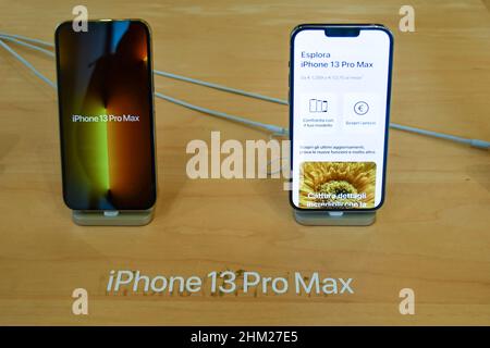iPhone 13 Pro Max displayed inside the Apple Store in Via Roma, Turin, Piedmont, Italy Stock Photo