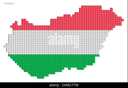 Dotted map vector illustration graphic with small cubes as a geographical map of Hungary in flag colors Stock Vector