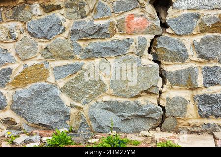 Abstract background of the old wall of black natural stone with cracks and scratches. Landscape style. Great background or texture. Stock Photo