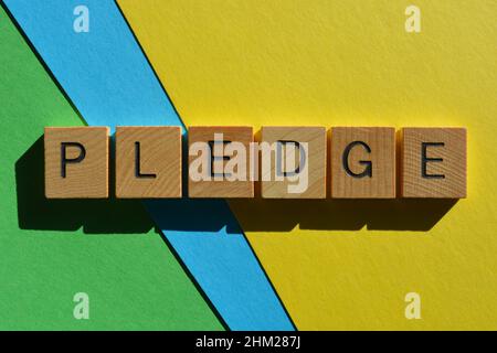 Pledge, word in wooden alphabet letters isolated on colourful background Stock Photo