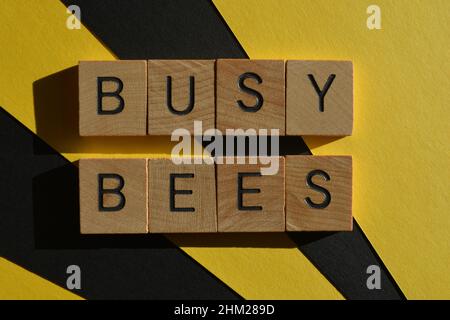 Busy Bees, words in wooden alphabet letters isolated on black and yellow background Stock Photo