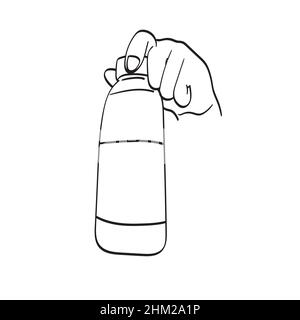 line art closeup hand holding water plastic bottle with blank label illustration vector hand drawn isolated on white background Stock Vector