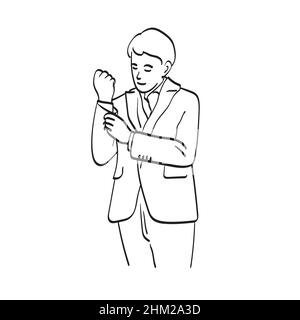 Businessman adjusts his white shirt button on cufflink illustration vector hand drawn isolated on white background Stock Vector