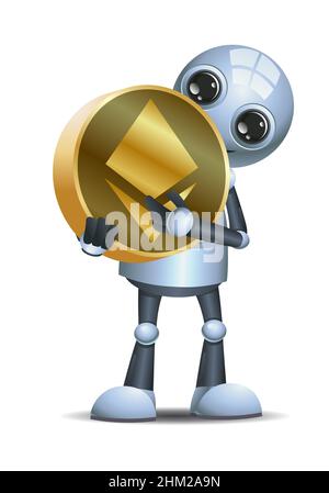 3D illustration of a  little robot hold  ethereum coin on isolated white background Stock Photo