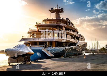 Aviva super yacht anchoed in Kalamata seaside city, Messenia, Greece Stock Photo