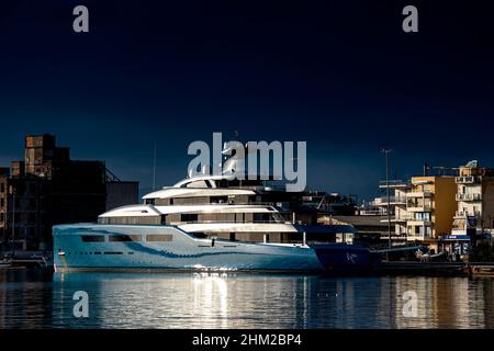 Aviva super yacht anchoed in Kalamata seaside city, Messenia, Greece Stock Photo