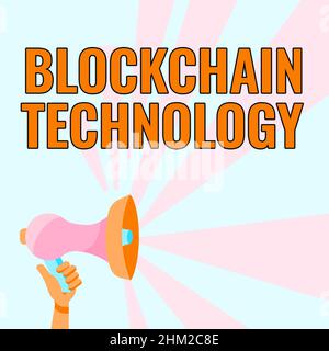 Writing displaying text Block Chain Technology. Word for Digital ledger stored in a distributed network Megaphones Drawing Giving Positive Comments Stock Photo