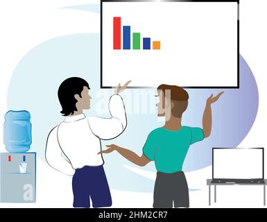 Illustration of employees in the office. Two men, employees, workers, managers are discussing working moments. vector Stock Vector