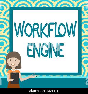 Text sign showing Workflow Engine. Business overview Workflow Engine Lady Drawing Standing Holding Clipboard Presenting New Ideas To Team Stock Photo