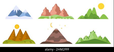 Mountains set desert, volcano, snowy peaks, forest, rocks. Objects of hill, sun, moon, stars, tree. Winter or summer, night and day. Pictures of nature. Abstract design for banners Vector illustration Stock Vector