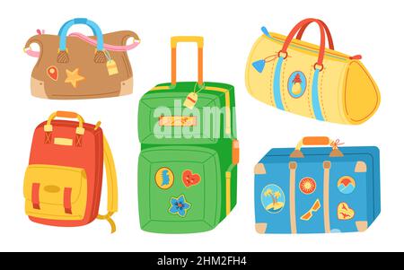 Travel suitcase bag cartoon line drawn set. Luggage simple journey vacation, tourism shopping. Baggage and sticker for airplane, trip backpack for student, traveller hiking. Vector illustration Stock Vector