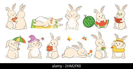 Rabbit flat cartoon animal set. Bunny or cute hare lies on beach, gives gift, reads book, eats watermelon, holds umbrella, halloween wizard, bathes with circle, hold gift box. Pet vector illustration Stock Vector