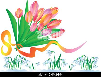 Spring came illustration of a bouquet of beautiful tulips and blooming sweetdrops. Nature woke up in all its beauty. vector Stock Vector