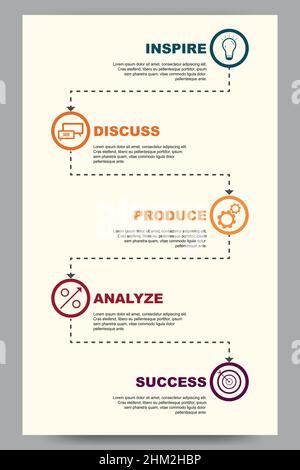 Progressive business vertical template with 5 stages flowchart. Startup development plan and research Stock Vector