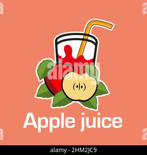 Glass of fresh apple juice. Vector Illustration on pink background. Stock Vector