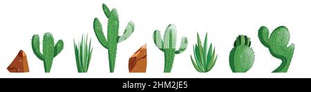 Tall succulent cactus with thorns and stone isolated elements. Vector drawing set illustration for icon, game, packaging, banner. Wild west, western Stock Vector