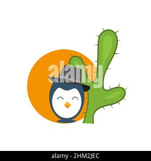 Cartoon penguin and cactus tree. Vector Illustration on white background. Stock Vector