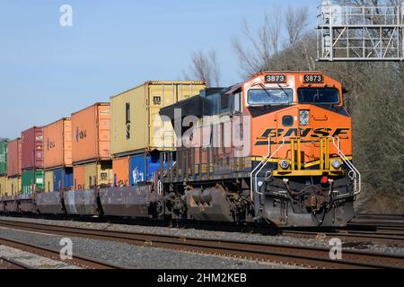 Seattle - February 06, 2022; BNSF freight train in Seattle with a shipment of intermodal containers Stock Photo