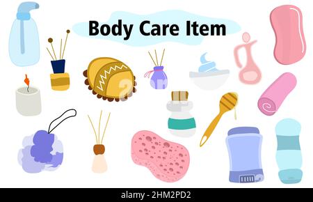 A large set of items for the bathroom and shower. Face and body care. Scents for the home. Vector illustration in color design on a white background. Stock Vector