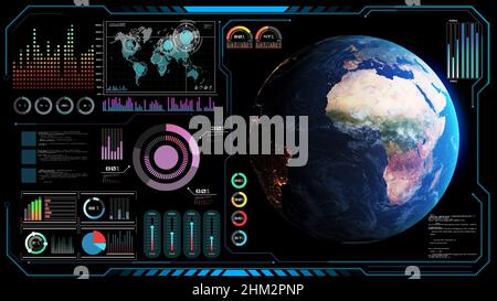 Futuristic VR head-up display design with orbital global network 3D rendering graphic . HUD element containing circle abstract and big data analytic Stock Photo