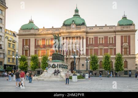 The Republic Square with statue of Prince Michael and the National Museum building in Belgrade, Serbia Stock Photo