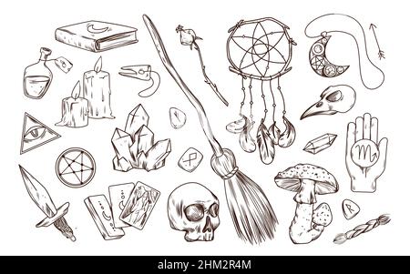 Mystic set of magical items and tools for witches rituals Stock Vector