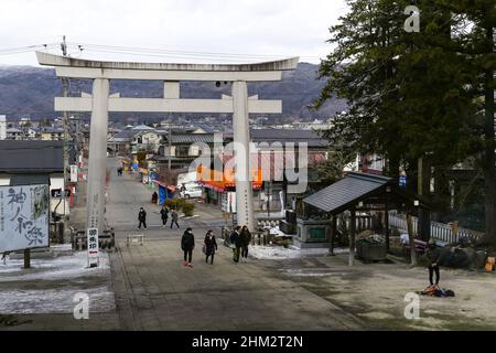 suwa, nagano, japan, 2022/06/02 ,  Main entrance Torii at Suwa Grand Shrine (Suwa-taisha), historically also known as Suwa Shrine (Suwa-jinja) or Suwa Stock Photo