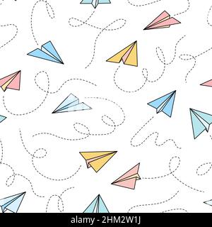 Paper airplane vector seamless pattern. Doodle outline style paper airplane background. Simple origami aircraft seamless pattern. Drawing doodle vector illustration. Stock Vector