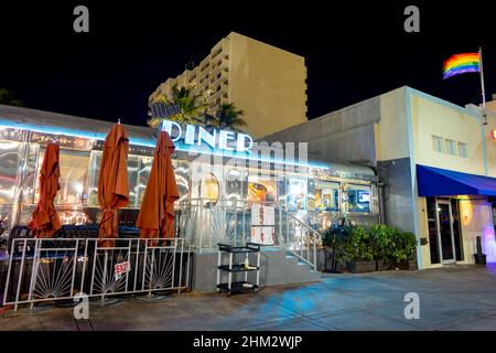 Miami Beach, FL, USA - February 2, 2022: Night photo of the 11th Street Diner on Washington Avenue Stock Photo