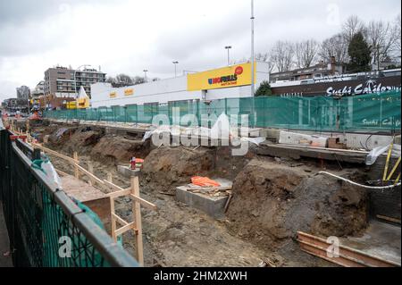 Construction on the Broadway Line subway extension on Broadway Street in Vancouver.  Vancouver BC, Canada.  February 5th, 2022. Stock Photo