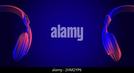 Abstract contour of wireless headphones. Top view of headphones wireframe. Horizontal banner. Vector illustration of a dj earphones silhouette in neon Stock Vector