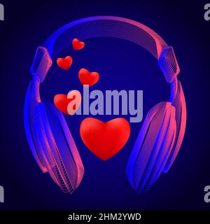 Red hearts flying out of headphones wireframe. 3D render of a cartoon heart. Vector illustration of wireless headphones in neon lineart style on a dar Stock Vector