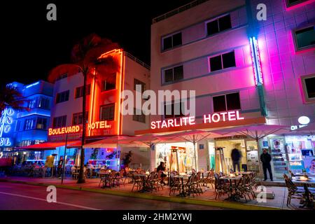 Miami Beach, FL, USA - February 2, 2022: Boulevard and Starlite hotels on Ocean Drive Stock Photo