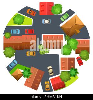 Roads and squares of city. Fragment of small town. Dark asphalt. Top View from above. Cartoon cute style illustration. Isolated on white background. M Stock Vector