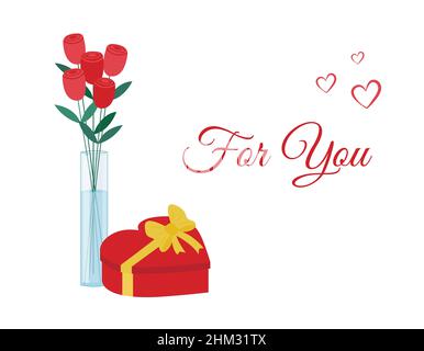 For You greeting card. Heart shaped gift and bouquet of roses flowers in glass vase. Card for Valentines Day, birthday, Womens day. Vector flat illust Stock Vector