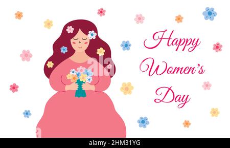 Happy Womens Day greeting card. Cute beautiful girl with long hair holding spring flowers bouquet. Longhair woman smiling. International Womens Day po Stock Vector