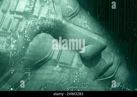 AI Digital computer science technology inside people concept. Human being face overlay with silicon chip and electric circuit for futuristic art. Stock Photo