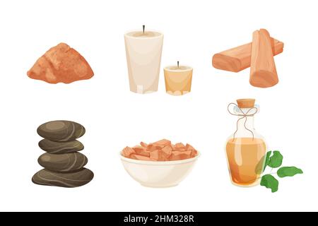 Set spa stones tower, aroma candles, incense sticks in bottle, sandal wood pieces and powdered in bowl, oil in cartoon style isolated on white background. Relax, wellness treatment concept. Vector illustration Stock Vector