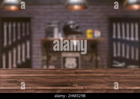 Blur motorcycle workshop wrench tools on wood space for products montage advertising background. Stock Photo