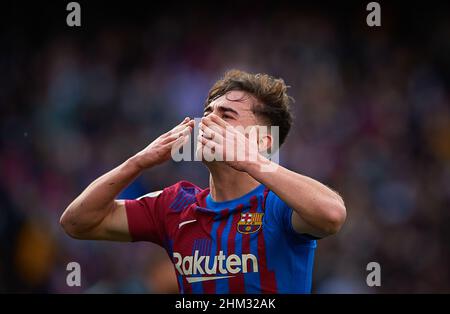Barcelona, Spain. 6th Feb, 2022. Barcelona's Gavi celebrates a goal during a Spanish first division league football match between FC Barcelona and Atletico de Madrid in Barcelona, Spain, on Feb. 6, 2022. Credit: Pablo Morano/Xinhua/Alamy Live News