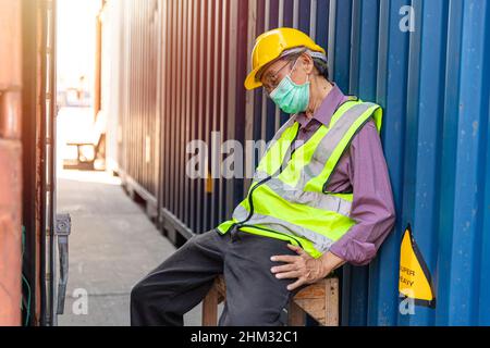 Fatigue old man worker nap sleep at work from tired exhausted hard working Stock Photo