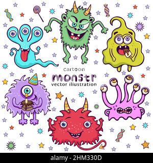 Set of cute monsters funny cartoon character, hand drawing. Collection multicolored scary hilarious fairy tale hero isolated on white background with Stock Vector