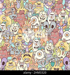 Cute monster seamless pattern, funny cartoon character, doodle print, fashion fabric, textile design. Cheerful colorful pastel various fairy creatures Stock Vector