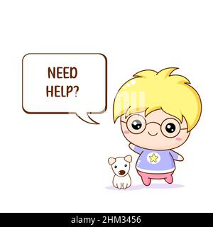Customer support. A little boy with glasses offers to help. Assistance concept. Cute friends boy and dog.  Vector Illustration EPS8 Stock Vector