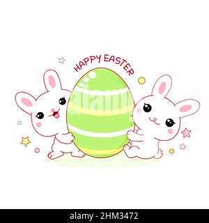 Easter card with bunny friends and egg. Two cute little rabbits with Easter egg. Holiday card with kawaii animal. Vector illustration EPS8 Stock Vector