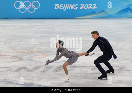 Beijing, China. 07th Feb, 2022. Madison Chock and Evan Bates of the USA during Ice Dancing competition in the Capital Indoor Stadium at the Beijing 2022 Winter Olympics on Monday, February 7, 2022. Photo by Richard Ellis/UPI Credit: UPI/Alamy Live News Stock Photo