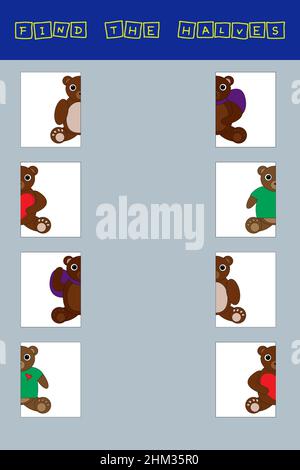 Match the halves of the toys bears. Educational game for children. Stock Photo