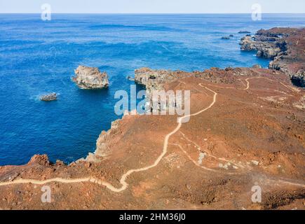 Aerial view of coastal tekking path near Arco de la Tosca - El Hierro (Canary Islands) Stock Photo